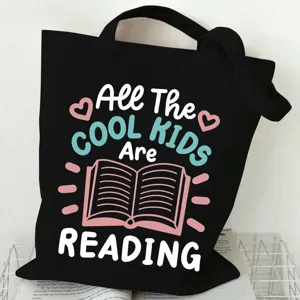 Borsa shopper in tela nera con stampa di lettura, borsa a spalla casual per studenti.