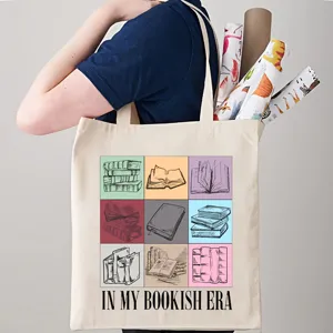 Borsa shopper in tela da donna borsa a spalla estetica con stampa di libri per uso quotidiano