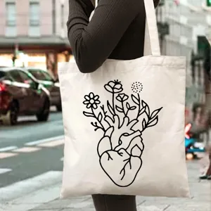 Floral heart print canvas tote bag, stylish shoulder handbag for daily school and commuting use.