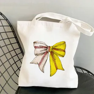 Borsa shopper in tela bianca casual con stampa fiocco da baseball creativa, borsa a tracolla donna.