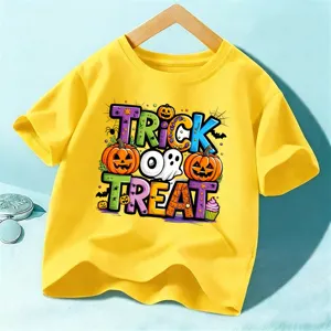Niños Halloween camiseta amarilla de manga corta con estampado de calabaza top casual festivo