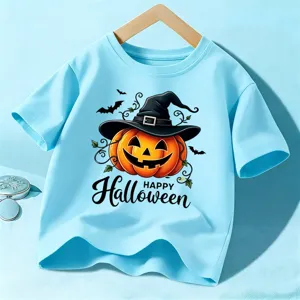 Παιδικό T-shirt κοντομάνικο Halloween Γαλάζιο Κολοκύθα Καπέλο μάγισσας Εορταστικό τοπ