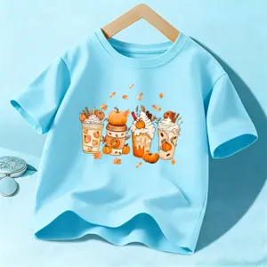Kids Halloween short sleeve t-shirt, cute pumpkin coffee graphic top for boys and girls.