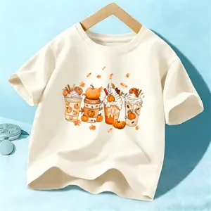Kids Halloween pumpkin coffee short sleeve t-shirt casual autumn top for boys and girls