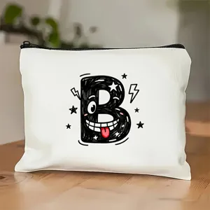 Witte canvas make-up tas met rits en een schattige cartoon letter B print erop.