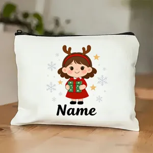 Trousse de toilette de Noël nom personnalisé vue détaillée, sac zippé de vacances festif.