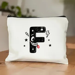 Witte make-up tas met speelse cartoon letter F opdruk, stijlvol en handig etui voor dames.