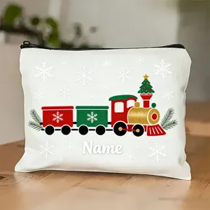 Détail trousse de maquillage design train de Noël, pochette personnalisable cadeau fête.