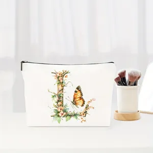 Floral letter L canvas makeup bag detailed view, elegant cosmetic pouch for daily use.