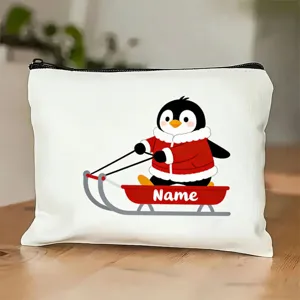 Personalisierte Weihnachtspinguin Kosmetiktasche aus Canvas mit Reißverschluss für tolle Geschenke.
