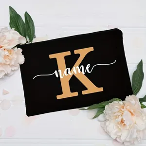 Custom letter makeup bag black canvas zipper pouch with elegant floral peony background