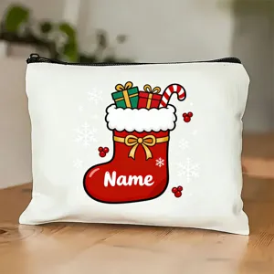 Détail de trousse de toilette en toile personnalisée de Noël, pochette de fête avec fermeture.