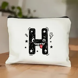 Wit canvas make-up etui met schattige cartoon letter H print, stijlvolle reistas.