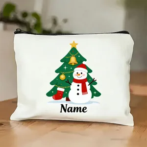 Trousse de maquillage de Noël en toile avec bonhomme de neige, pochette zippée personnalisée.