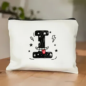 Praktische stijlvolle make-up tas van canvas met coole letterprint en handige ritssluiting.