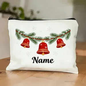 Trousse de toilette de Noël en toile avec motif de cloches de pin et nom personnalisé.