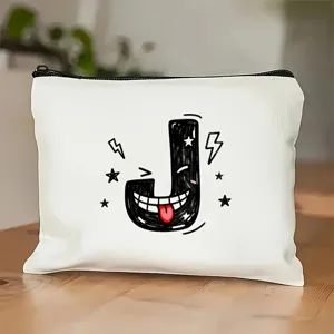 Witte canvas make-uptas met rits en schattige cartoon letter J print voor dagelijks gebruik