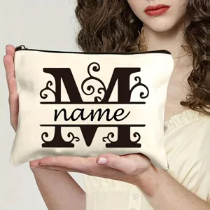 Trousse de maquillage personnalisée avec monogramme lettre M, pochette zippée portable pratique.