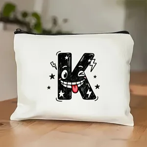 Witte canvas make-up etui met schattige cartoon letter K print, trendy handtas met rits.