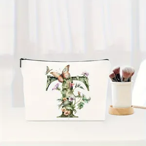 Floral Letter T Cosmetic Bag Bridesmaid Gift Makeup Pouch Portable Storage Organizer