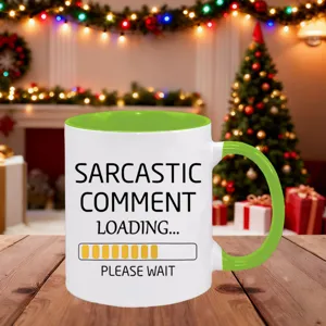 Ceramic coffee mug detail with sarcastic text design, placed on a wooden tabletop scene.