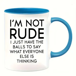 Detailed view of the funny quote ceramic mug with blue handle and interior design.