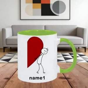 Tazza da caffè in ceramica personalizzata con design a cuore e omino stilizzato per coppie.