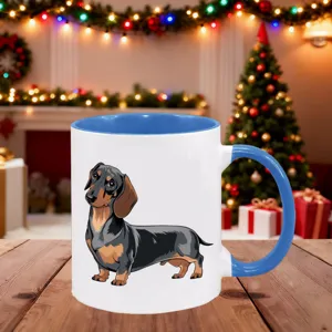 Cute dachshund illustration ceramic coffee mug with blue handle and interior for dog lovers.