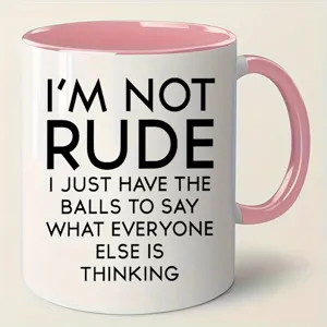 Funny novelty ceramic coffee mug with pink handle and motivational quote print for daily use.