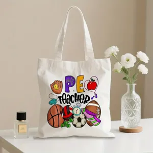 Sac cabas en toile blanche avec imprimé sportif coloré PE teacher, sac épaule quotidien.