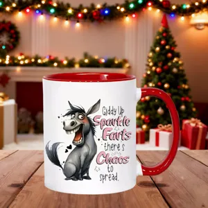 Funny cartoon donkey ceramic coffee mug with red handle, perfect holiday gift for friends.