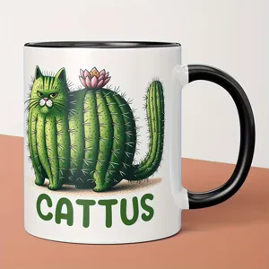 Bone China Ceramic Coffee Mug Cute Cactus Cat Pattern Creative Office Water Cup Humorous Holiday Gift Drinkware