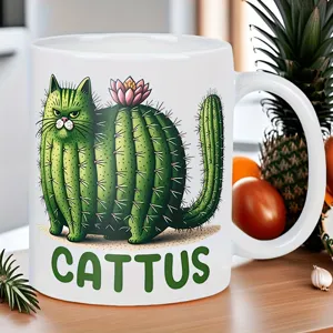 Ceramic coffee mug featuring a funny cactus cat design, cute and humorous holiday gift for cat lovers.