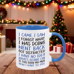 Funny custom coffee mug with humorous text quote, ceramic two tone cup, nice office gift.