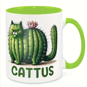 Ceramic cactus cat coffee mug detail view, funny animal plant illustration cup, holiday gift.