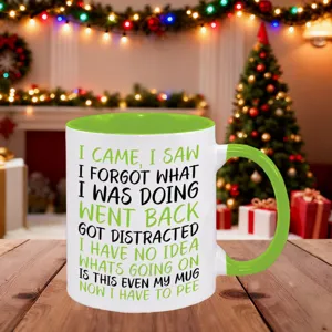 Funny text ceramic coffee mug with green handle, humorous quote design for daily office use.