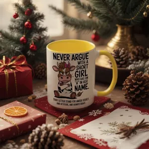 Taza de cerámica festiva con divertido diseño de vaca enojada en mesa navideña.