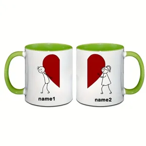 Tazza in ceramica personalizzata per coppie con cuore e disegno di omino stilizzato.