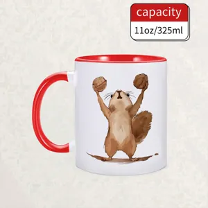 Detailed view of the ceramic mug featuring a cute squirrel illustration holding nuts closeup.