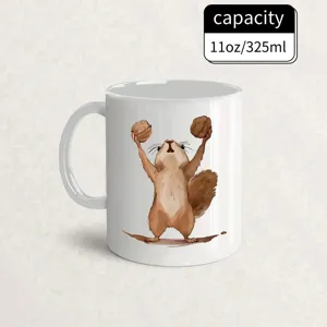White ceramic coffee mug featuring cute cartoon squirrel illustration, 11oz capacity.