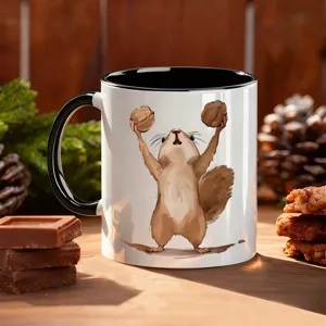 Funny ceramic coffee mug with cute squirrel illustration, black handle and interior design.
