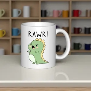 Detailed view of white ceramic coffee mug with cute dinosaur cartoon print and text.