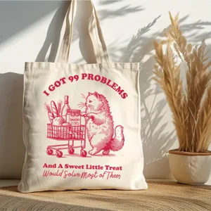 Süße Katzen Grafik Leinen Tragetasche mit lustigem Spruch für den täglichen Einkauf.