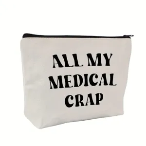 Canvas cosmetic pouch detail showing black quote print and black zipper closure.