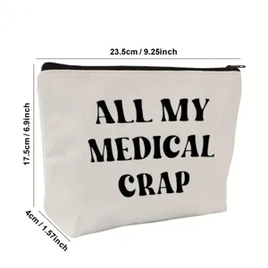 Canvas makeup bag with zipper closure and funny text print, portable travel pouch size.