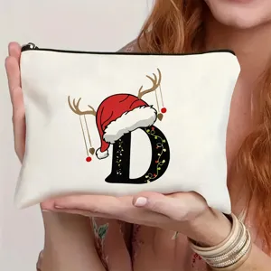 Weihnachtliche Buchstaben Canvas Kosmetiktasche mit Weihnachtsmannmütze und Hirschgeweih.