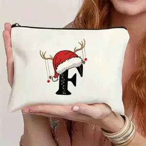 Weihnachts-Buchstabe F Leinen Kosmetiktasche Rentiergeweih Weihnachtsmannmütze Geschenk