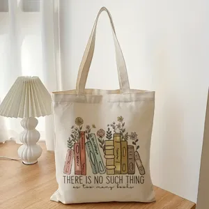 Vista detallada de la bolsa de lona con patrón floral de libros y frase inspiradora.