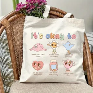 Canvas tote bag for women with inspiring mental health quotes cute cartoon graphic aesthetic daily use