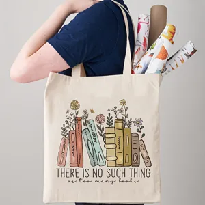Bolso tote de lona con estampado de libros y flores, bolso de hombro casual para uso diario.